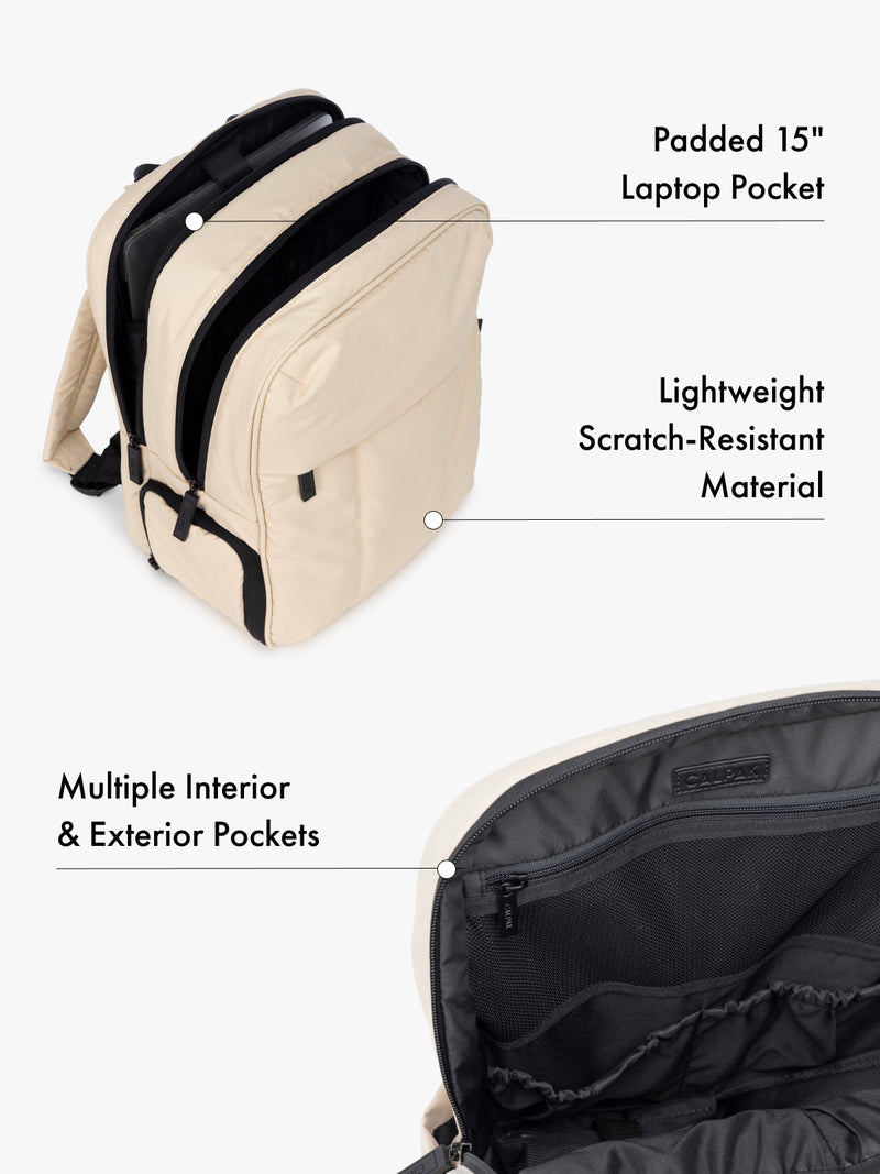 CALPAK Luka 15 Inch Laptop Backpack with lightweight scratch-resistant material, padded 15" laptop pocket, and  and multiple interior and exterior pockets in oatmeal beige
