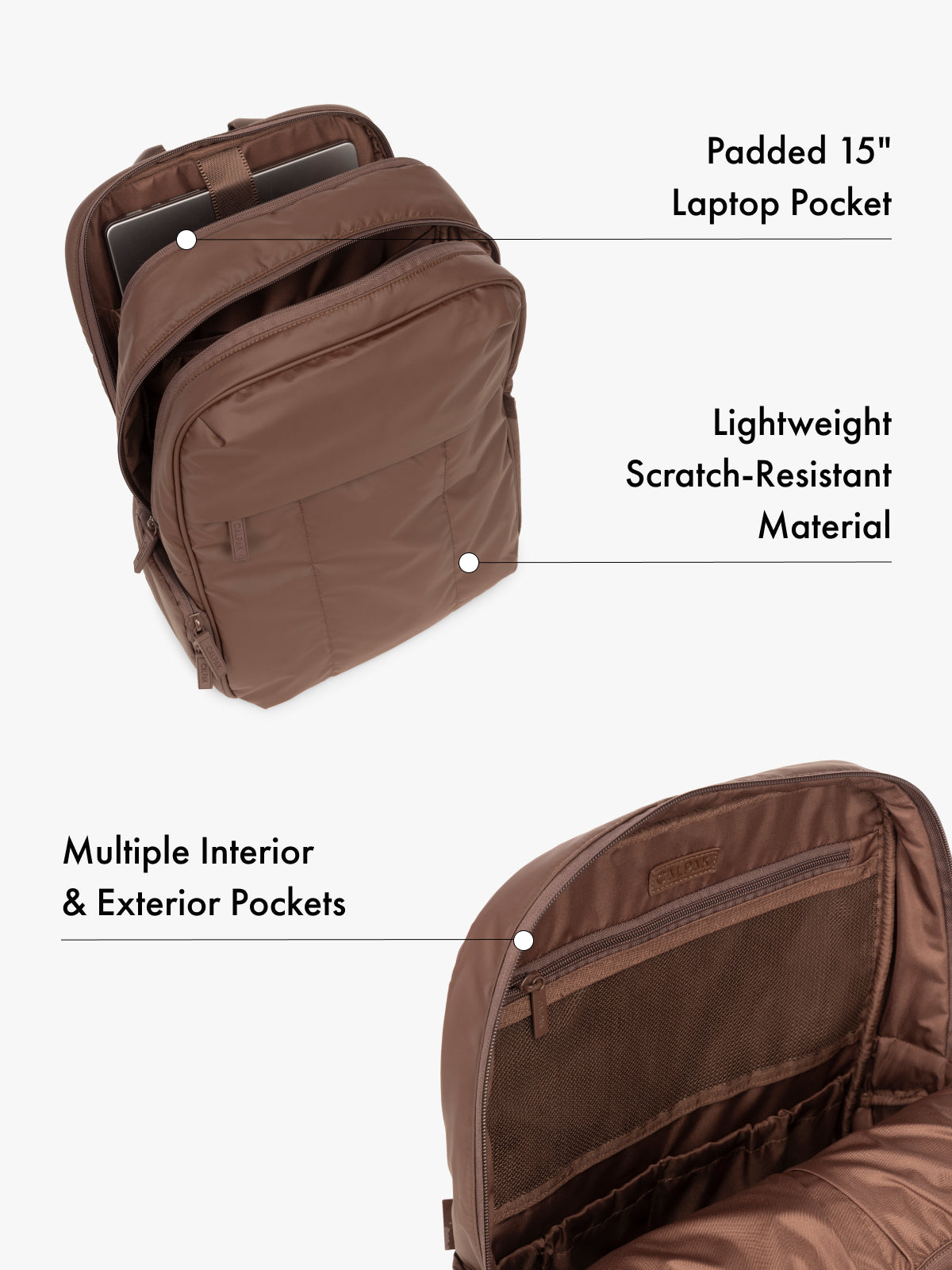 CALPAK Luka 15 Inch Laptop Backpack with lightweight scratch-resistant material, padded 15" laptop pocket, and  and multiple interior and exterior pockets in dark brown; BPL2001-WALNUT
