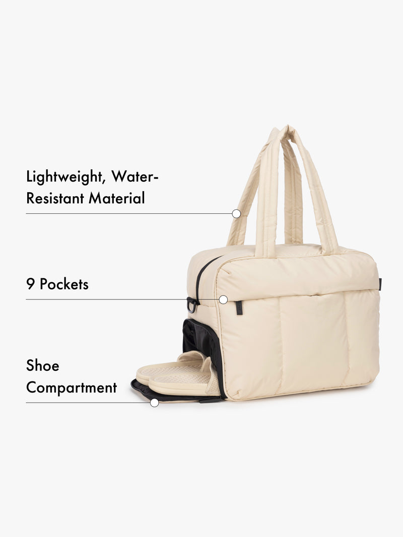 CALPAK oatmeal beige Luka duffle bag with features listed on a white background water-resistant material, 9 pockets, and shoe compartment