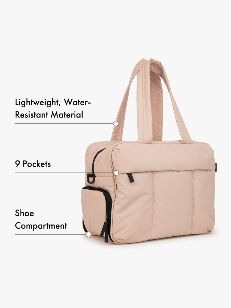 CALPAK light pink Luka duffle bag with features listed on a white background water-resistant material, 9 pockets, and shoe compartment