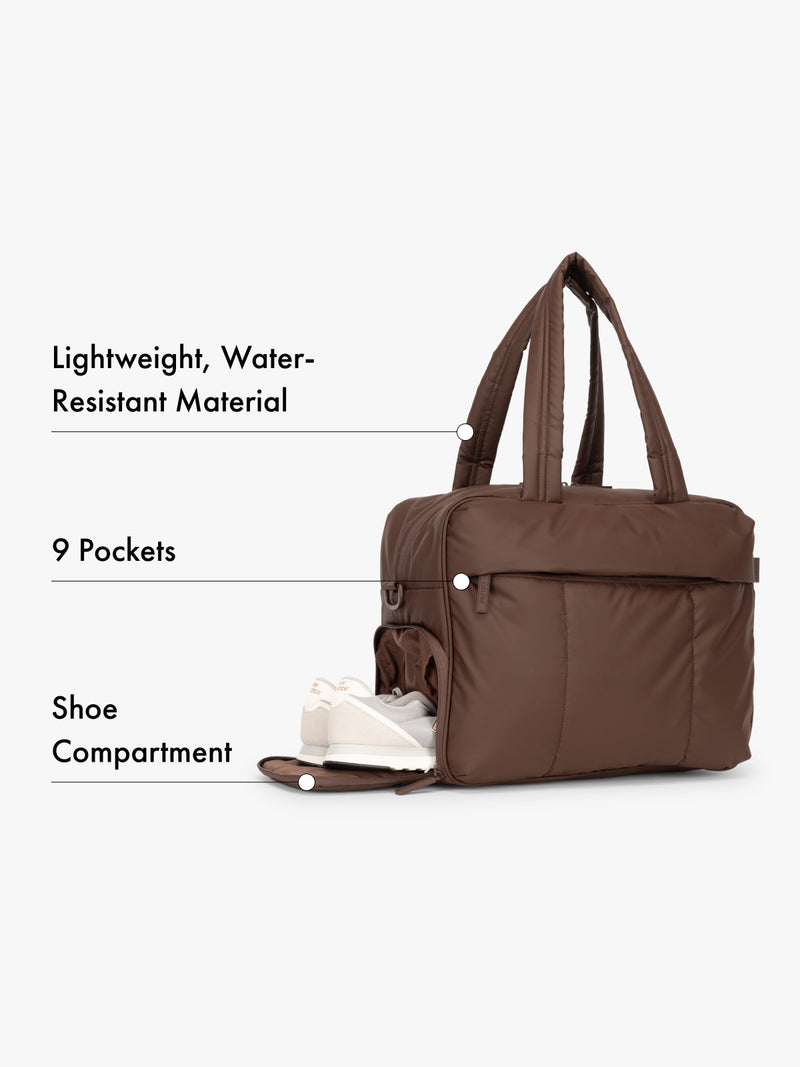 CALPAK dark brown Luka duffle bag with features listed on a white background water-resistant material, 9 pockets, and shoe compartment