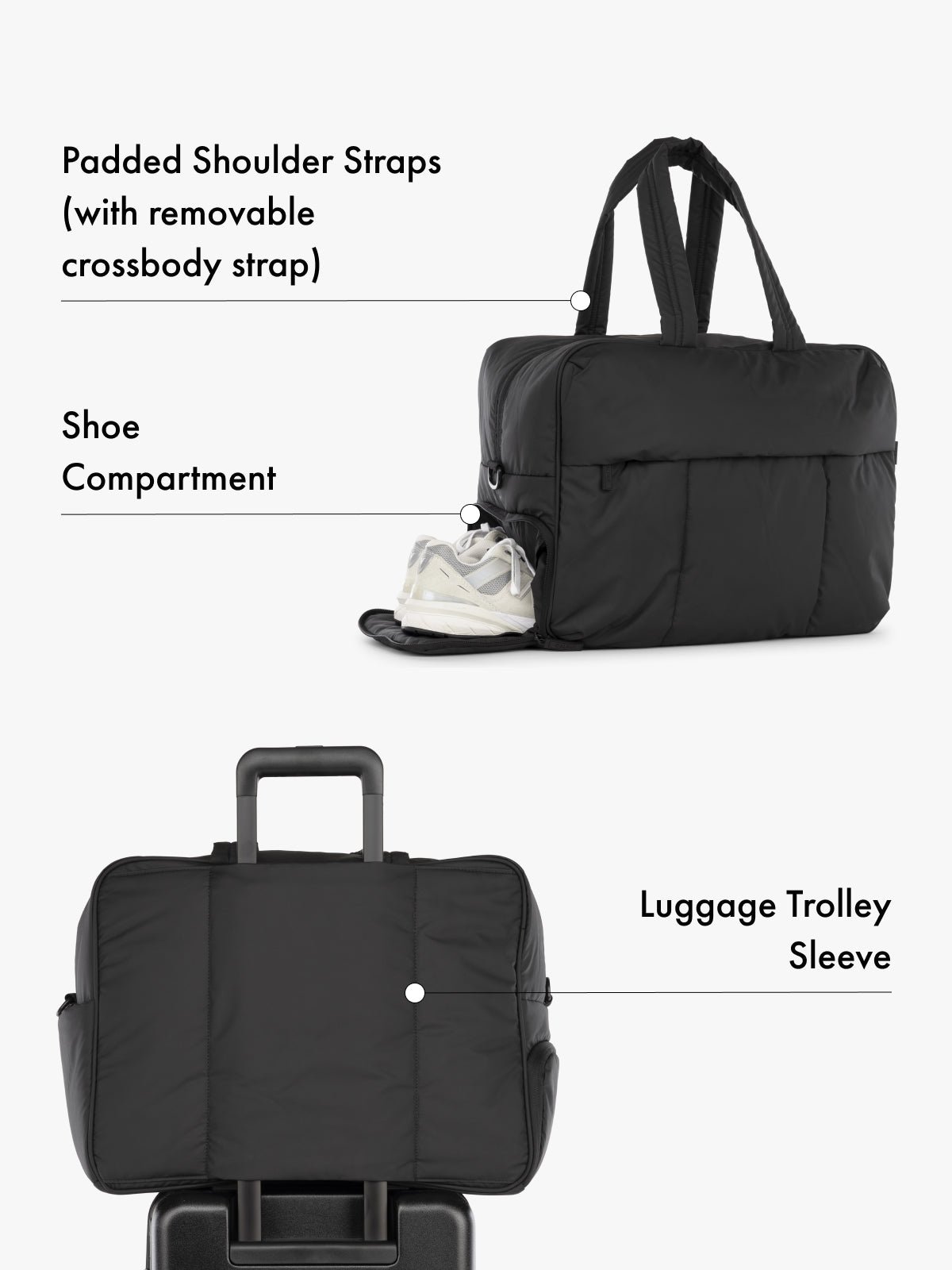 CALPAK Luka large duffel bag with side shoe compartment, padded shoulder straps with removeable crossbody strap and luggage trolly sleeve in black; DLL2201-MATTE-BLACK