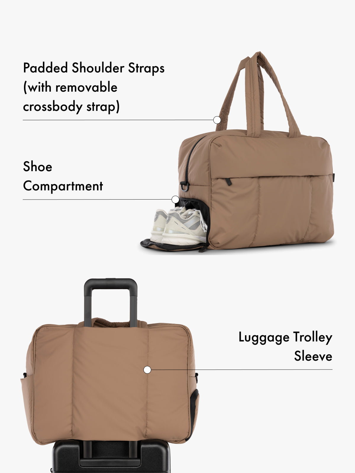 CALPAK Luka large duffel bag with side shoe compartment, padded shoulder straps with removeable crossbody strap and luggage trolly sleeve in brown; DLL2201-CHOCOLATE