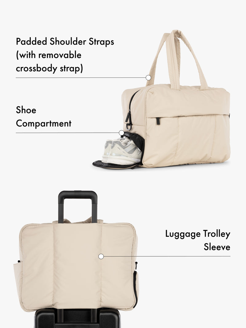 CALPAK Luka large duffel bag with side shoe compartment, padded shoulder straps with removeable crossbody strap and luggage trolly sleeve in beige