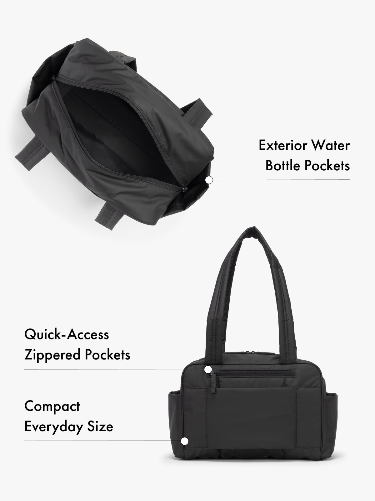 CALPAK Mini Duffel in matte black top interior and back view with water bottle pockets and quick-access zipped pockets, compact everyday size; DLM2501-MATTE-BLACK