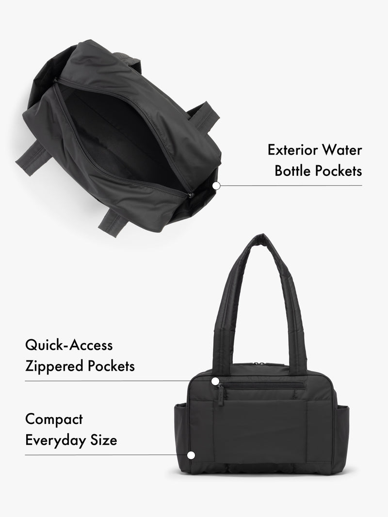 CALPAK Mini Duffel in matte black top interior and back view with water bottle pockets and quick-access zipped pockets, compact everyday size