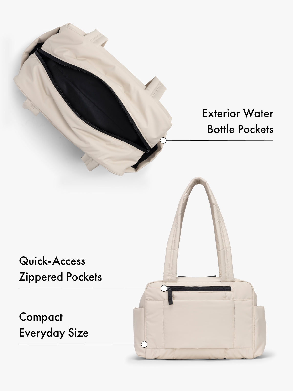 CALPAK Mini Duffel in light beige top interior and back view with water bottle pockets and quick-access zipped pockets, compact everyday size; DLM2501-OATMEAL