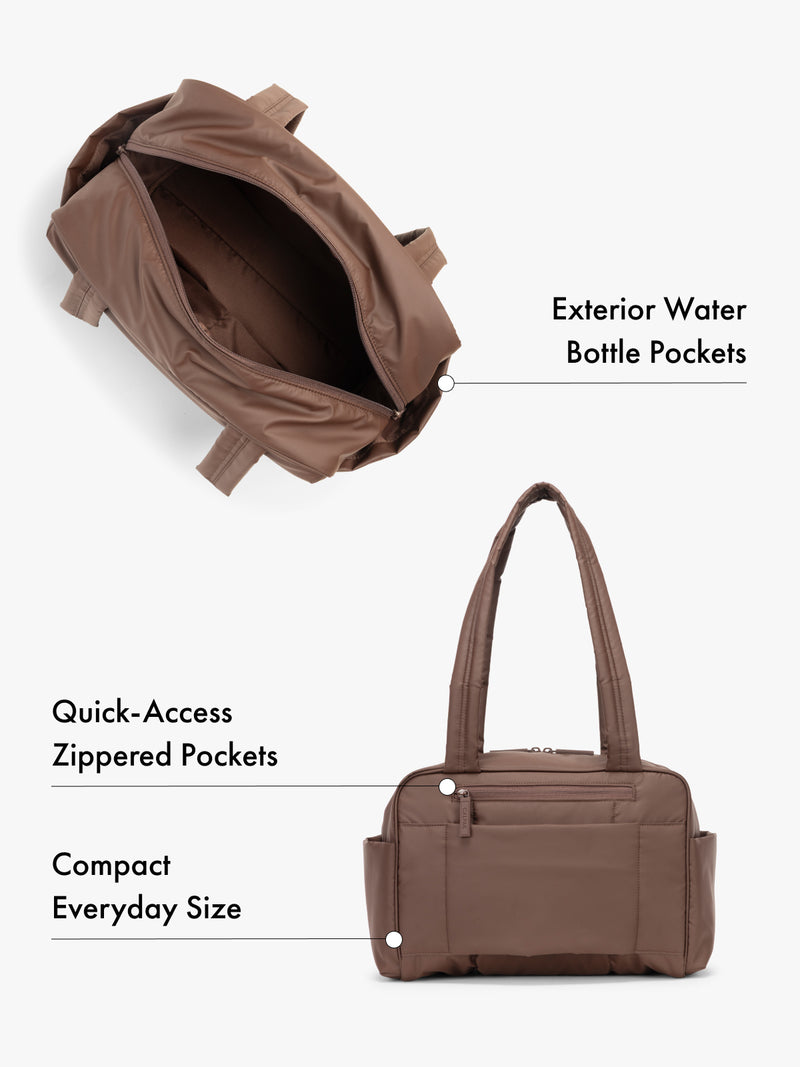 CALPAK Mini Duffel in brown top interior and back view with water bottle pockets and quick-access zipped pockets, compact everyday size
