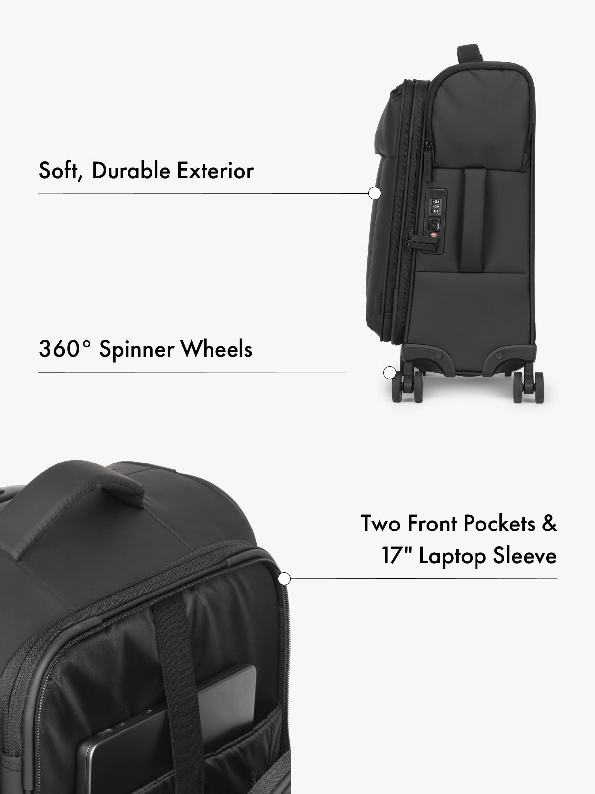 CALPAK Luka soft case carry on luggage with TSA approved lock and 360 spinner wheels with front laptop pocket in black; LSM1020-MATTE-BLACK