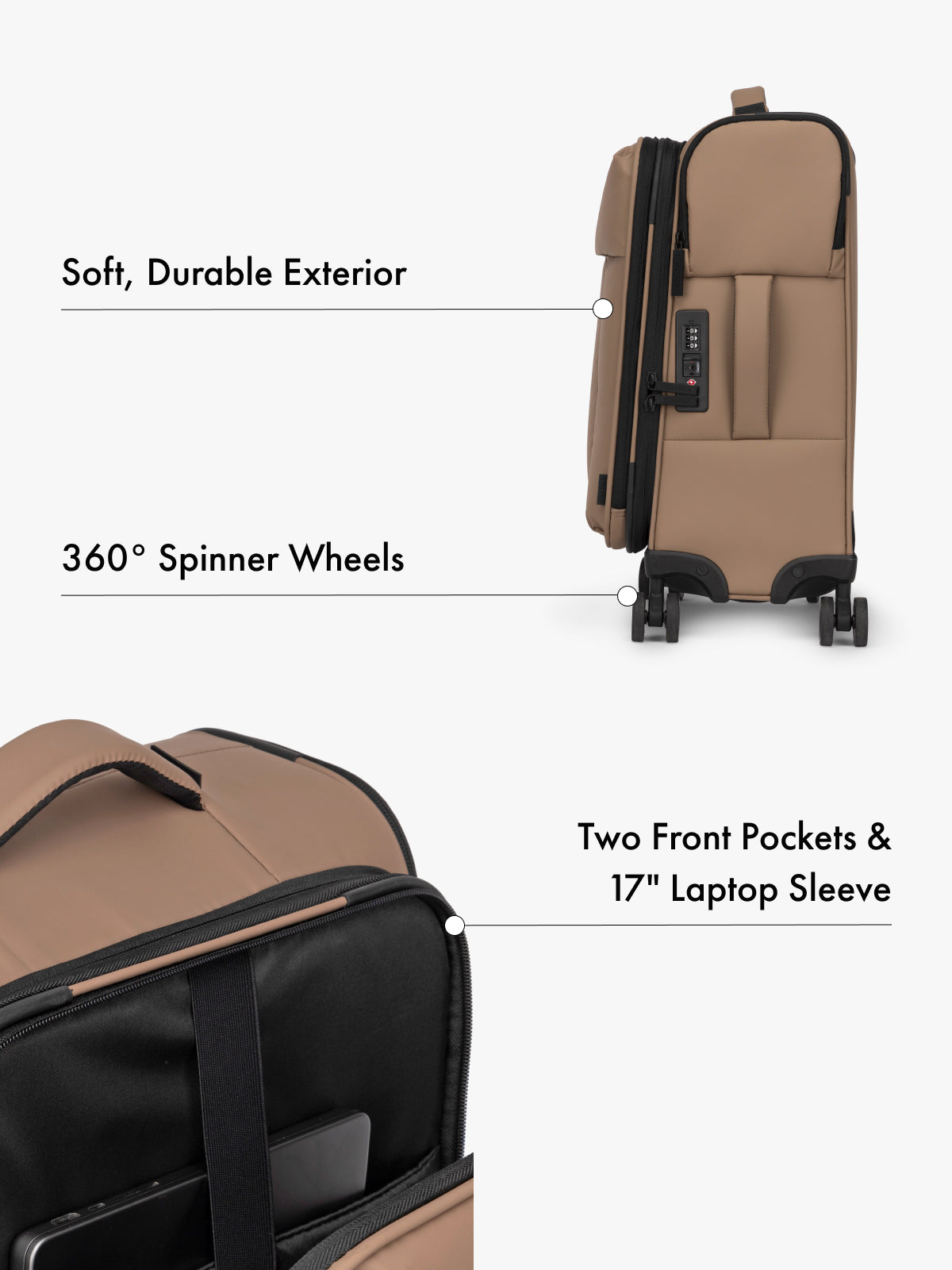 CALPAK Luka soft case carry on luggage with TSA approved lock and 360 spinner wheels with front laptop pocket in brown; LSM1020-CHOCOLATE