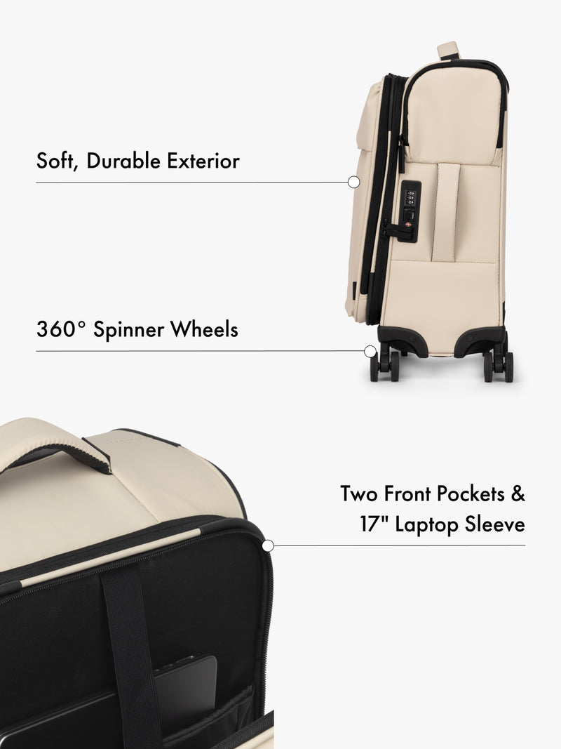 CALPAK Luka soft case carry on luggage with TSA approved lock and 360 spinner wheels with front laptop pocket in beige