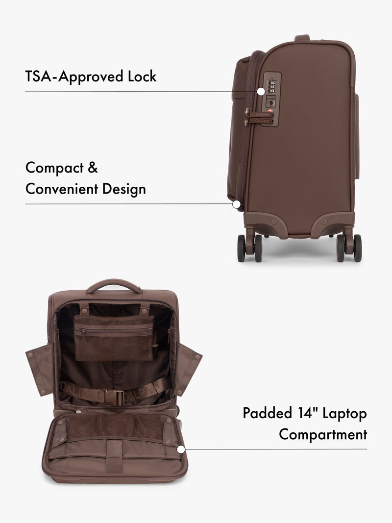 CALPAK Luka mini soft sided black carry-on suitcase with laptop compartment and multiple interior pockets with features highlighted