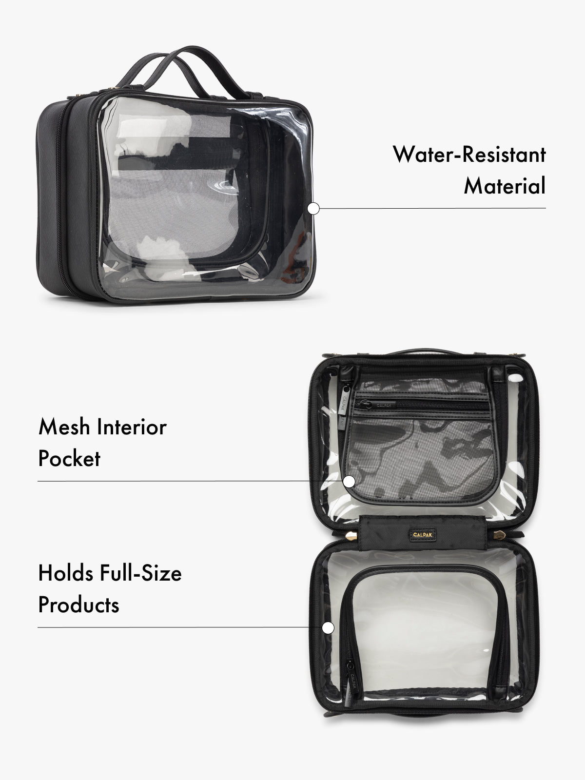 CALPAK black cosmetics travel bag with mesh interior pocket and water-resistant material on a white background; CMM2201-BLACK