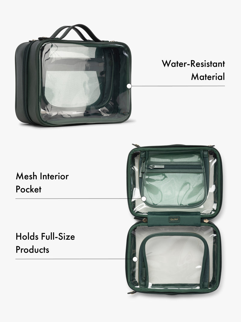 CALPAK green cosmetics travel bag with mesh interior pocket and water-resistant material on a white background