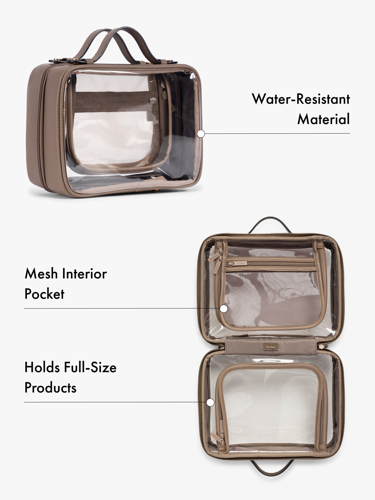 CALPAK brown makeup travel bag with mesh interior pocket and water-resistant material on a white background; CMM2201-MOCHA