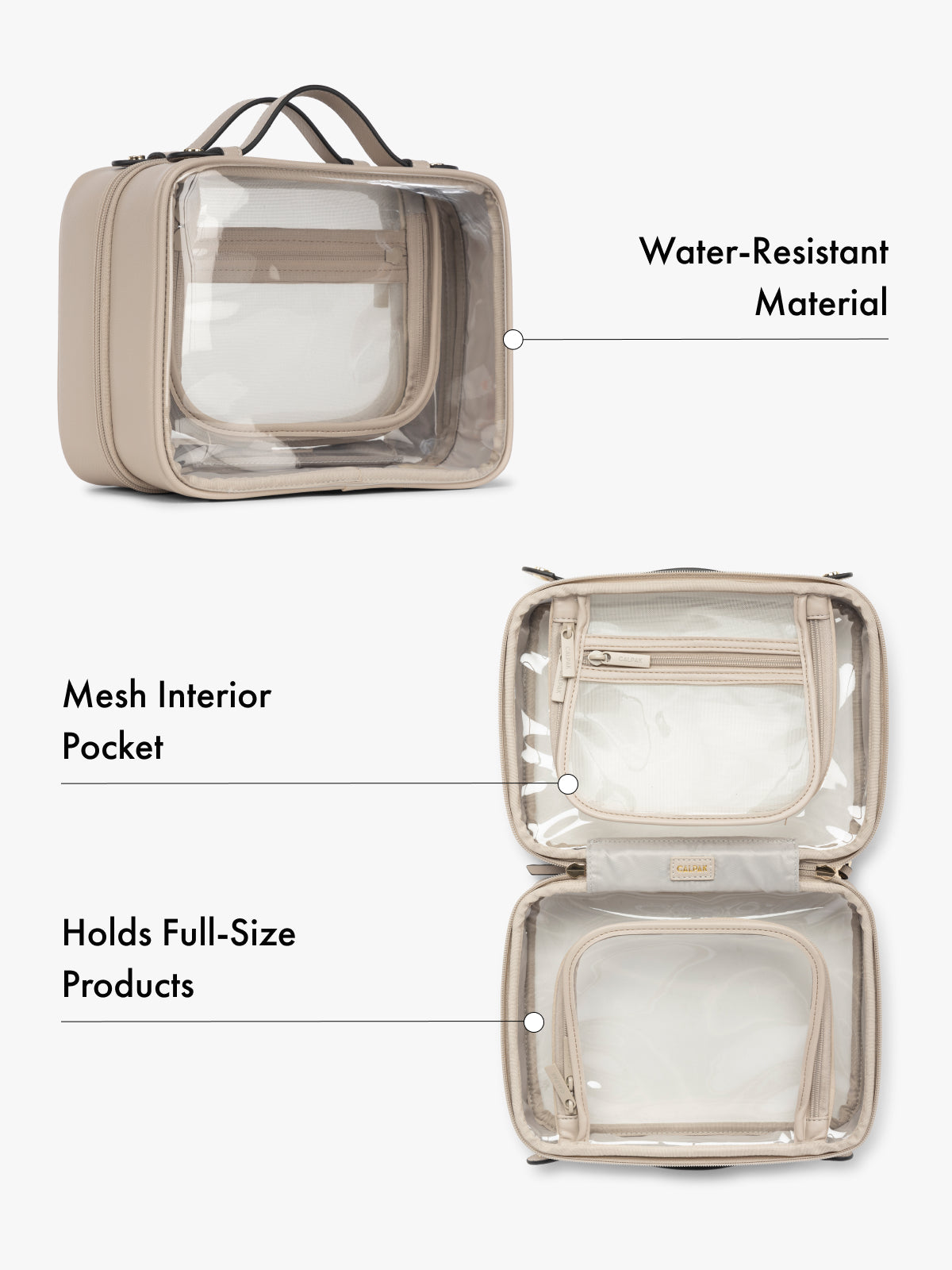CALPAK beige makeup travel bag with mesh interior pocket and water-resistant material on a white background; CMM2201-STONE