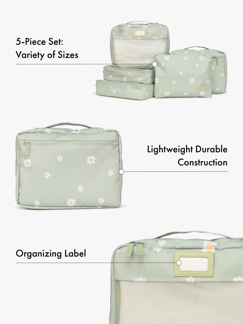 5 Set of green with flowers packing cube organizers with text highlighting features of variety of sizes, lightweight durable construction, and organizing label on a white background