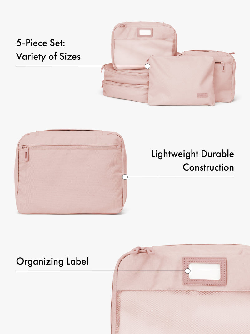 5 Set of pink packing cube organizers with text highlighting features of variety of sizes, lightweight durable construction, and organizing label on a white background