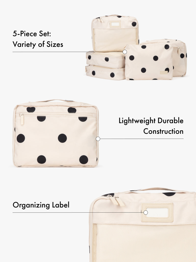 5 Set of beige polka dot packing cube organizers with text highlighting features of variety of sizes, lightweight durable construction, and organizing label on a white background