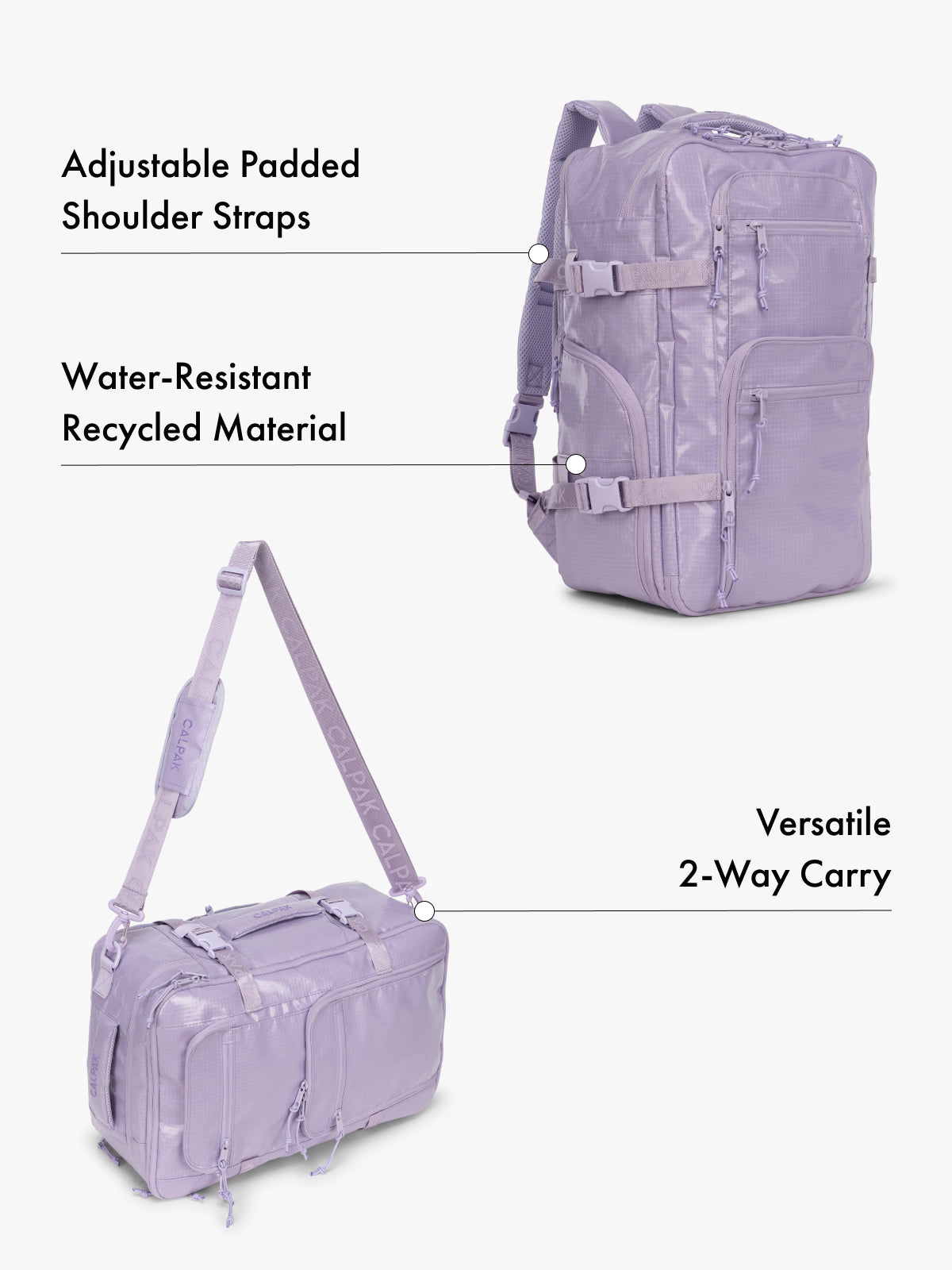CALPAK Terra 26L laptop backpack duffel in purple made with water-resistant recycled material, adjustable shoulder straps  and versatile 2-way carrying feature on a white background; BPH2201-AMETHYST