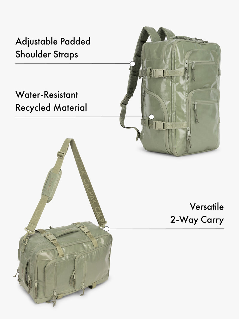 CALPAK Terra 26L laptop backpack duffel in green made with water-resistant recycled material, adjustable shoulder straps  and versatile 2-way carrying feature on a white background