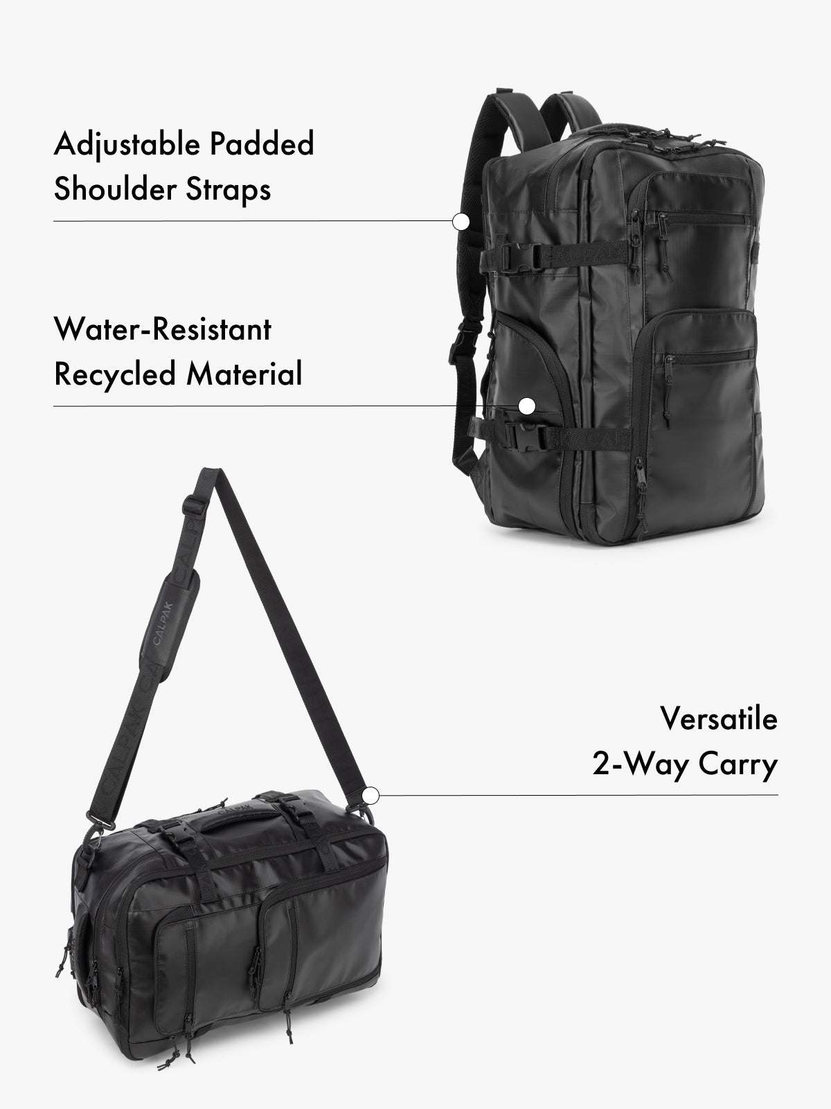 CALPAK Terra 26L laptop backpack duffel in matte black made with water-resistant recycled material, adjustable shoulder straps  and versatile 2-way carrying feature on a white background; BPH2201-MATTE-OBSIDIAN
