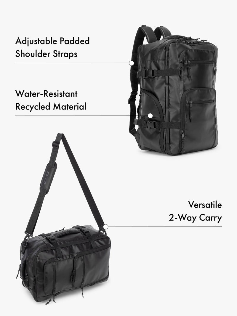 CALPAK Terra 26L laptop backpack duffel in matte black made with water-resistant recycled material, adjustable shoulder straps  and versatile 2-way carrying feature on a white background
