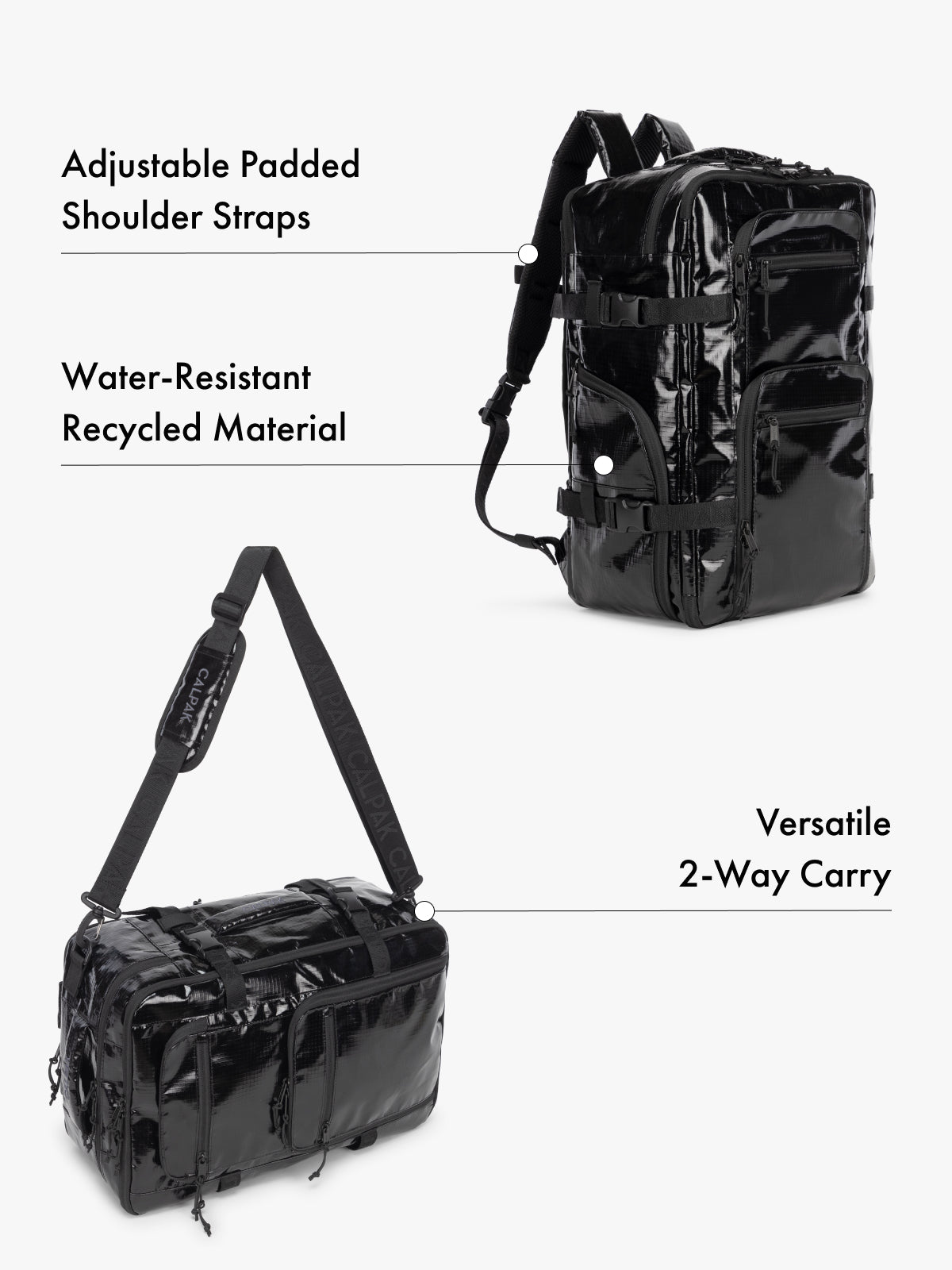 CALPAK Terra 26L laptop backpack duffel in black made with water-resistant recycled material, adjustable shoulder straps  and versatile 2-way carrying feature on a white background; BPH2201-OBSIDIAN