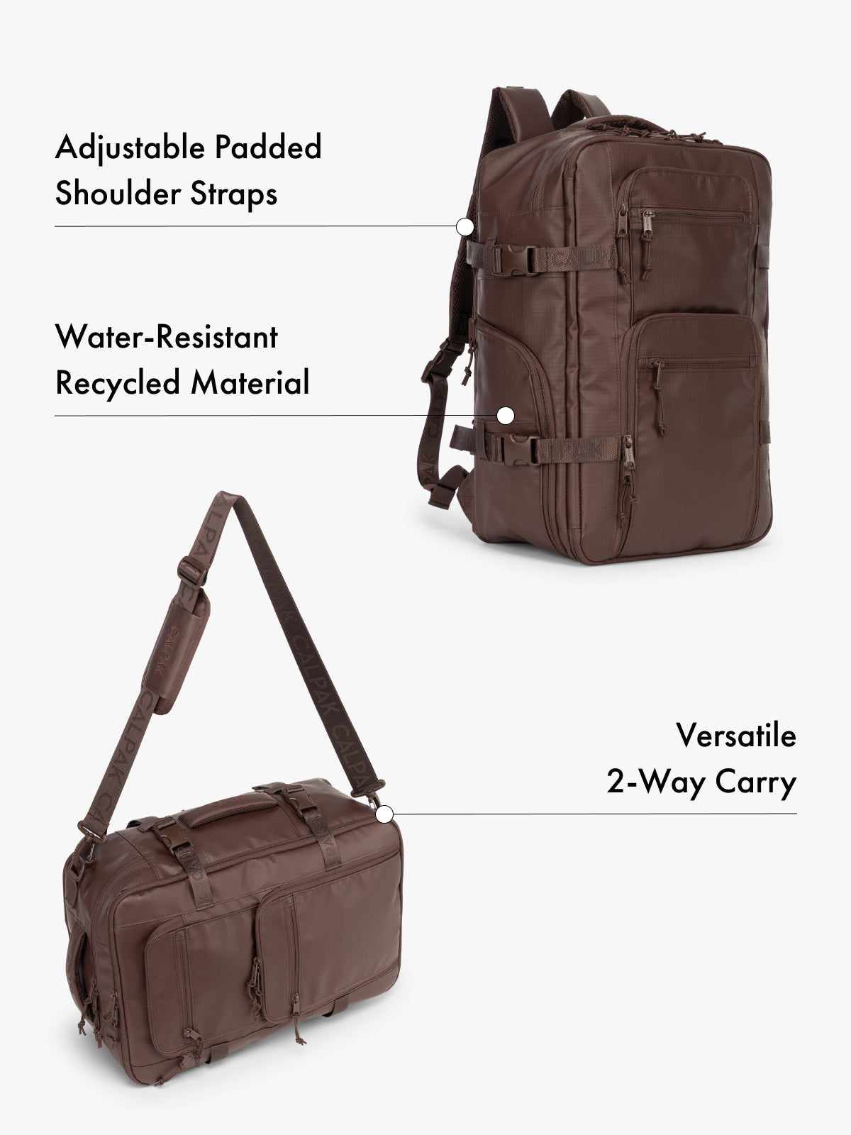 CALPAK Terra 26L laptop backpack duffel in brown made with water-resistant recycled material, adjustable shoulder straps  and versatile 2-way carrying feature on a white background; BPH2201-WALNUT