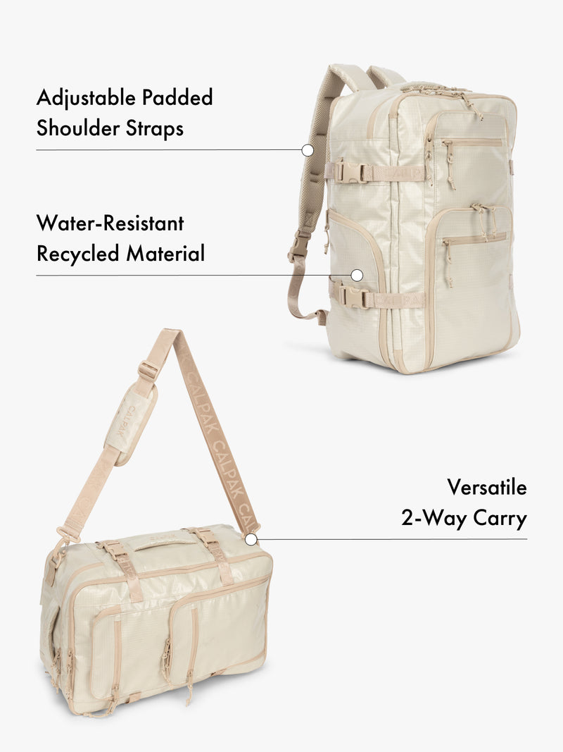 CALPAK Terra 26L laptop backpack duffel in ivory made with water-resistant recycled material, adjustable shoulder straps  and versatile 2-way carrying feature on a white background