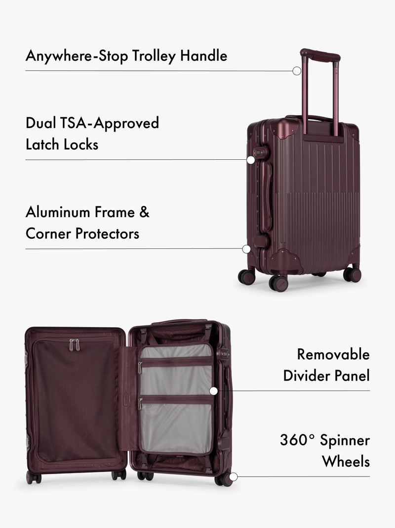 CALPAK Vault dark burgundy hardshell suitcase shown on a light gray background with callout lines and text highlighting features: anywhere-stop trolley handle, dual TSA-approved latch locks, aluminum frame and corner protectors, removable divider panel, and 360° spinner wheels