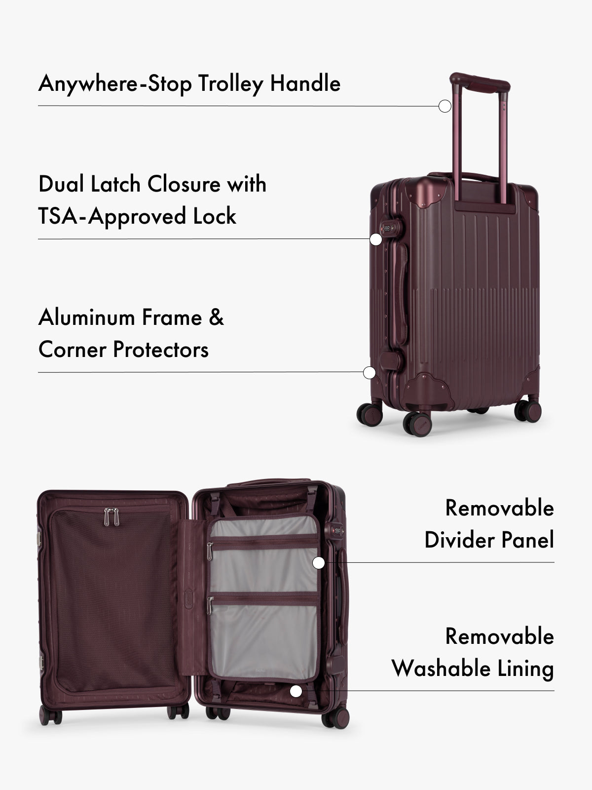 A dark burgundy hardshell suitcase shown with callout text labels pointing out features such as the anywhere-stop trolley handle, dual latch closure with TSA-approved lock, aluminum frame and corner protectors, removable divider panel, and removable washable lining. The suitcase is shown both closed and open on a light gray background.; LVT1020-DARK-CHERRY