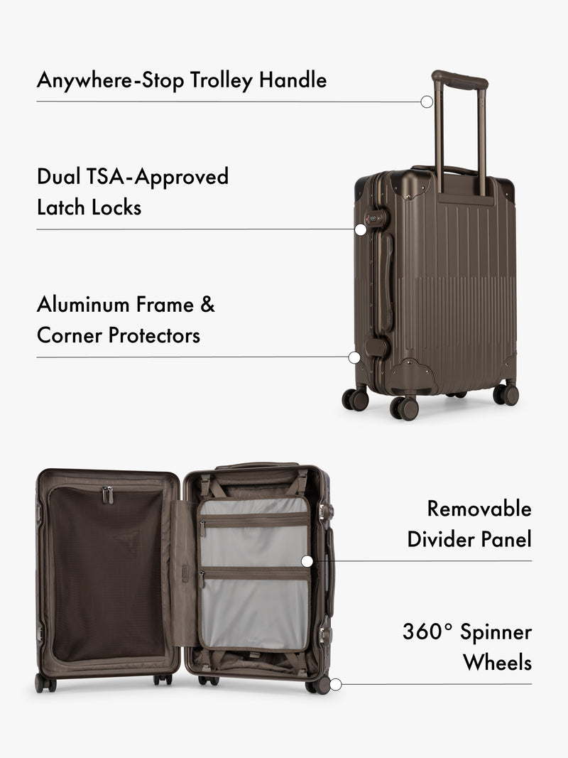CALPAK Vault mushroom brown hardshell suitcase shown on a light gray background with callout lines and text highlighting features: anywhere-stop trolley handle, dual TSA-approved latch locks, aluminum frame and corner protectors, removable divider panel, and 360° spinner wheels