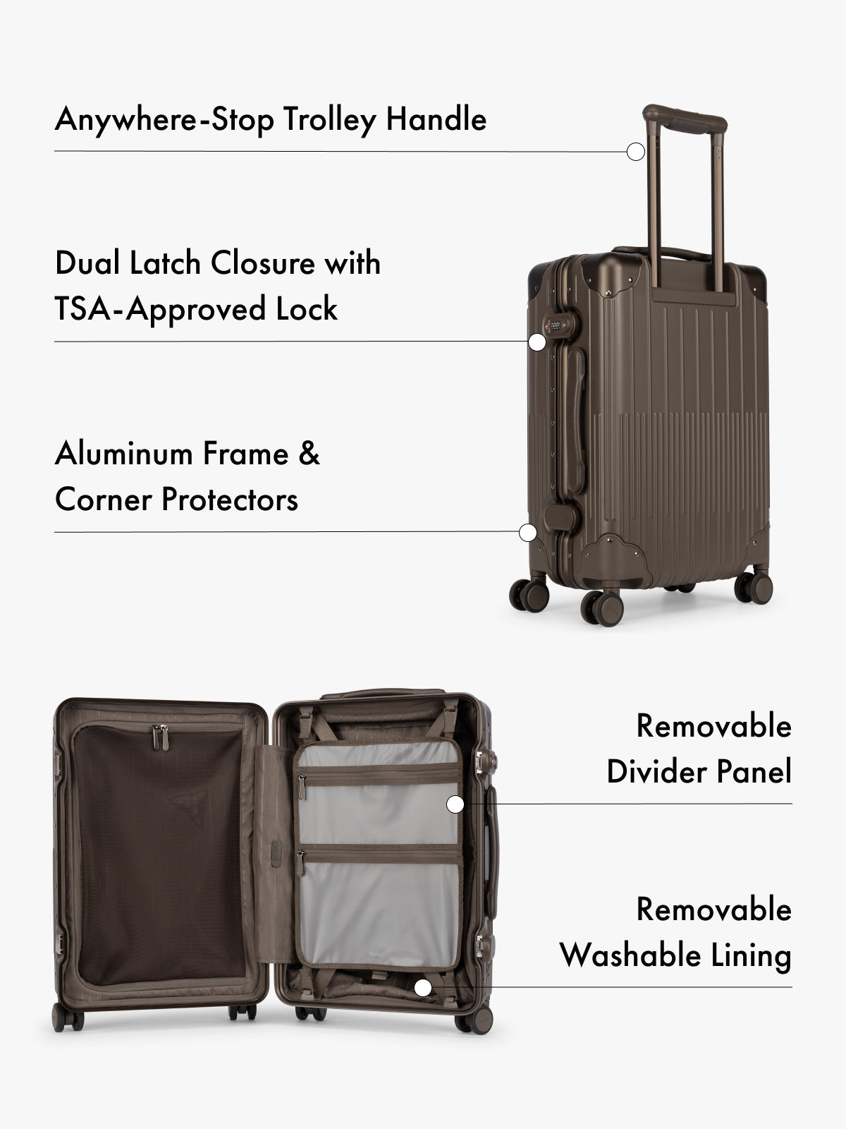 A dark grey-brown hardshell suitcase shown with callout text labels pointing out features such as the anywhere-stop trolley handle, dual latch closure with TSA-approved lock, aluminum frame and corner protectors, removable divider panel, and removable washable lining. The suitcase is shown both closed and open on a light gray background.; LVT1020-MUSHROOM
