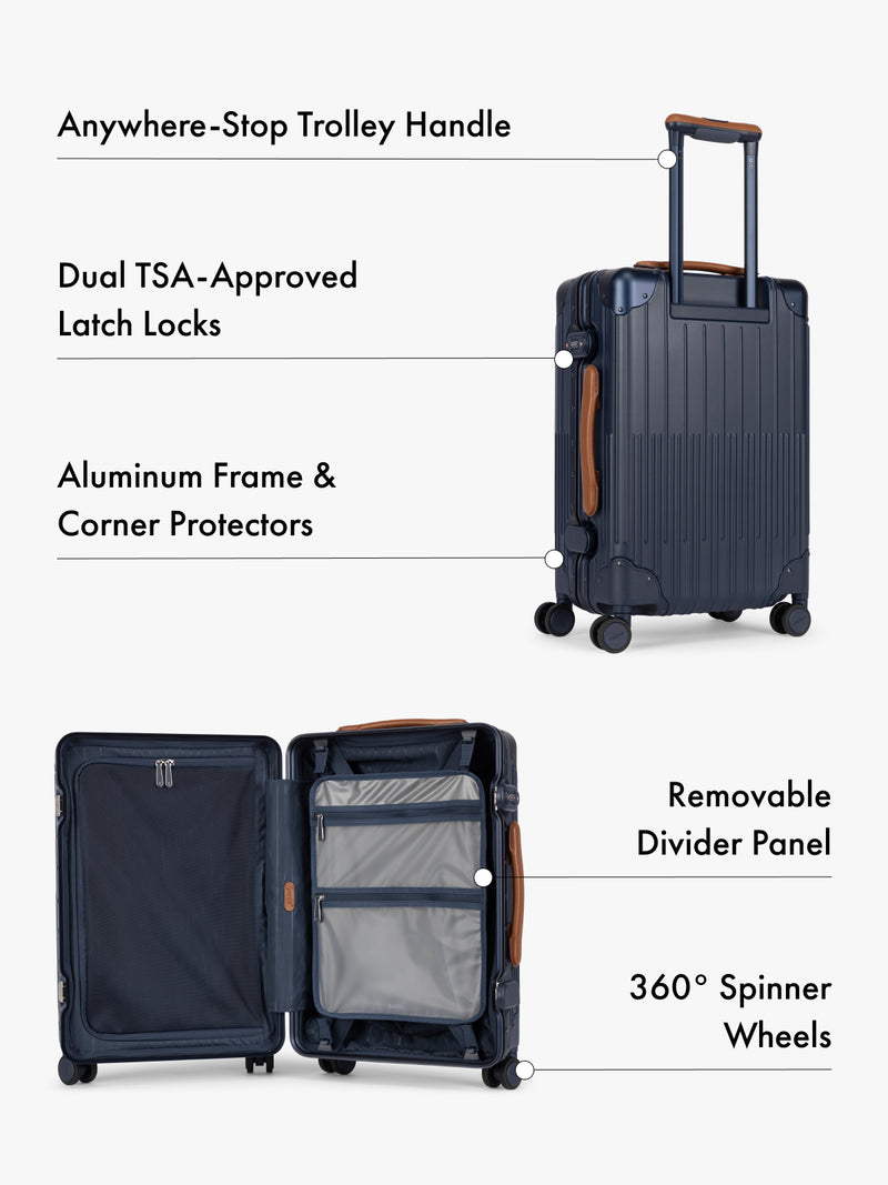 CALPAK Vault navy blue hardshell suitcase shown on a light gray background with callout lines and text highlighting features: anywhere-stop trolley handle, dual TSA-approved latch locks, aluminum frame and corner protectors, removable divider panel, and 360° spinner wheels
