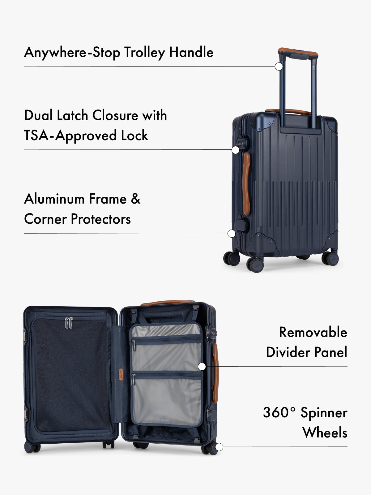 CALPAK navy blue hardshell suitcase shown with callout lines and text labels highlighting features such as an anywhere-stop trolley handle, dual latch closure with TSA-approved lock, aluminum frame and corner protectors, removable divider panel, and 360-degree spinner wheels.; LVT1020-NAVY 