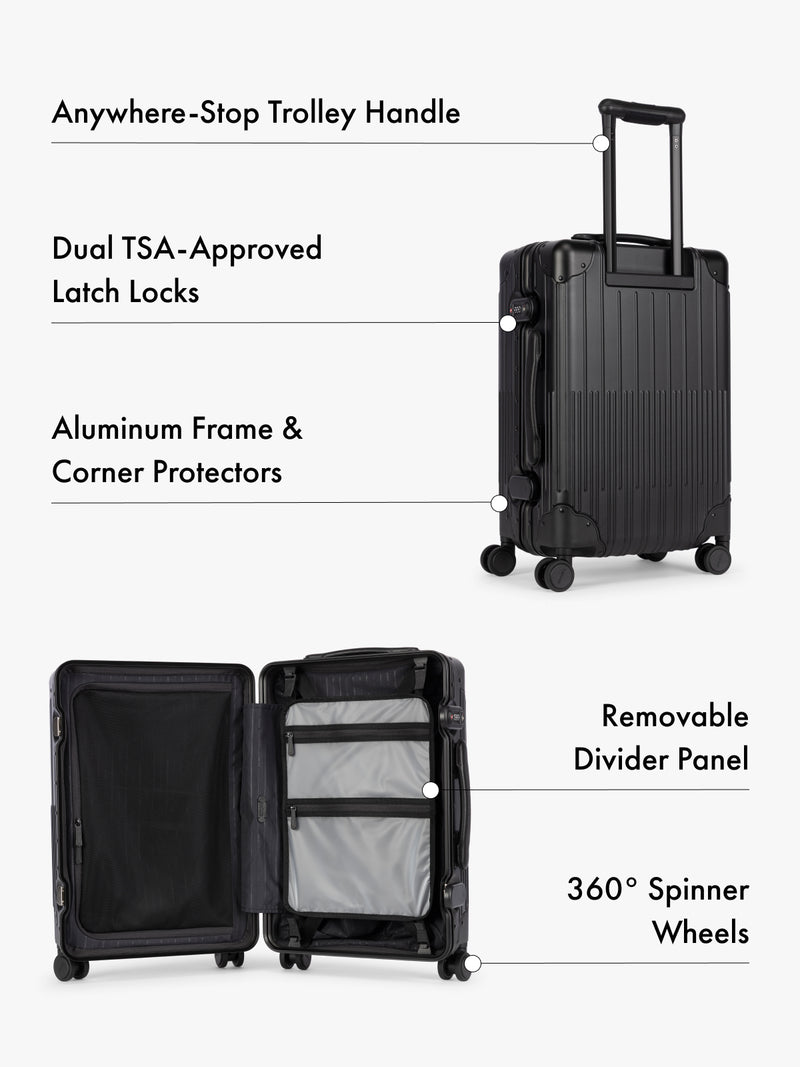 CALPAK Vault black hardshell suitcase shown on a light gray background with callout lines and text highlighting features: anywhere-stop trolley handle, dual TSA-approved latch locks, aluminum frame and corner protectors, removable divider panel, and 360° spinner wheels
