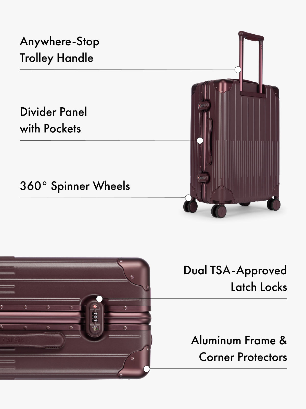 CALPAK Vault dark red hard-shell suitcase shown on a light gray background with callout lines and text highlighting features such as an anywhere-stop trolley handle, divider panel with pockets, 360° spinner wheels, dual TSA-approved latch locks, aluminum frame, and corner protectors; LVT1024-DARK-CHERRY