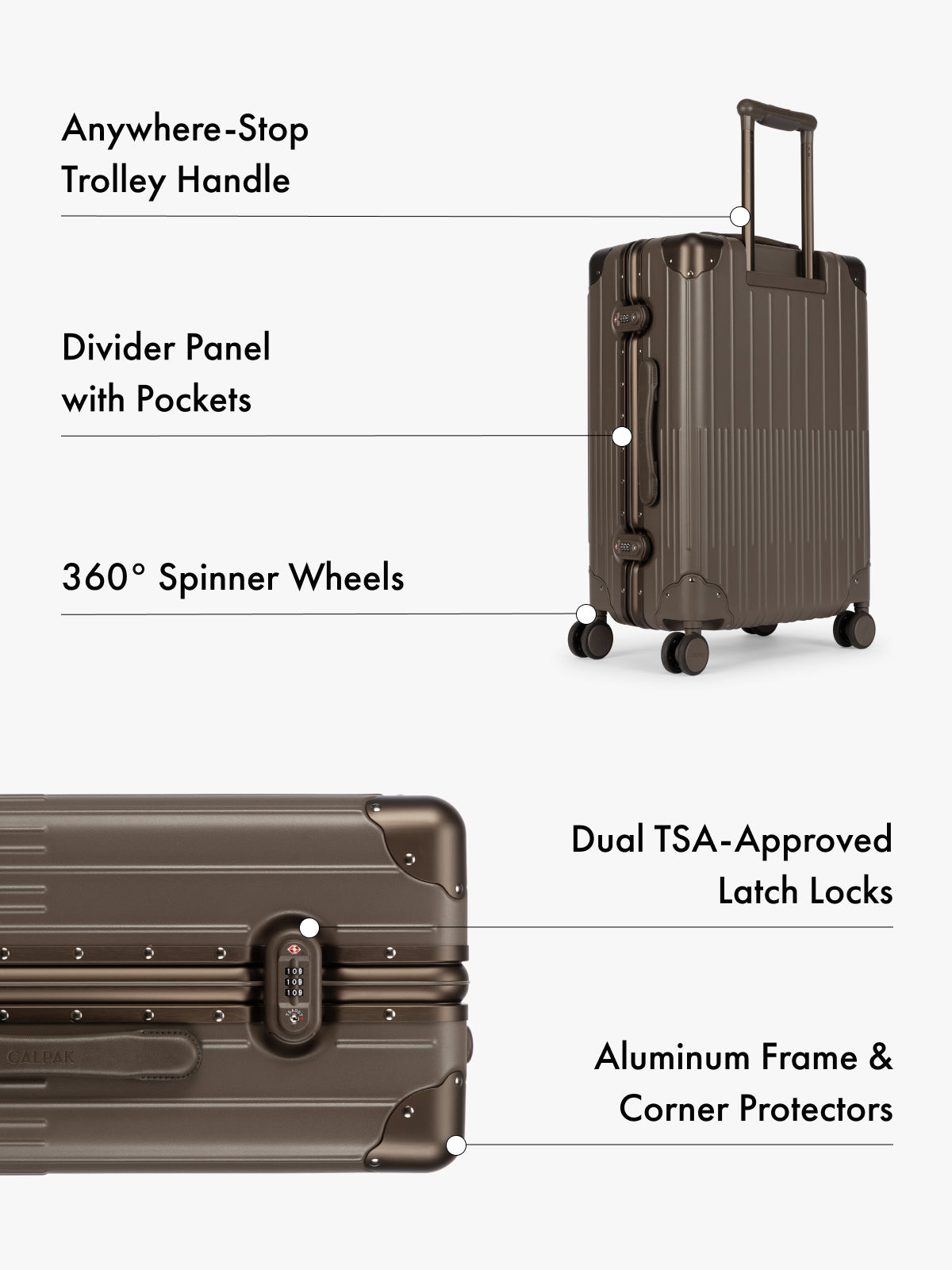 CALPAK Vault dark brown hard-shell suitcase shown on a light gray background with callout lines and text highlighting features such as an anywhere-stop trolley handle, divider panel with pockets, 360° spinner wheels, dual TSA-approved latch locks, aluminum frame, and corner protectors; LVT1024-MUSHROOM