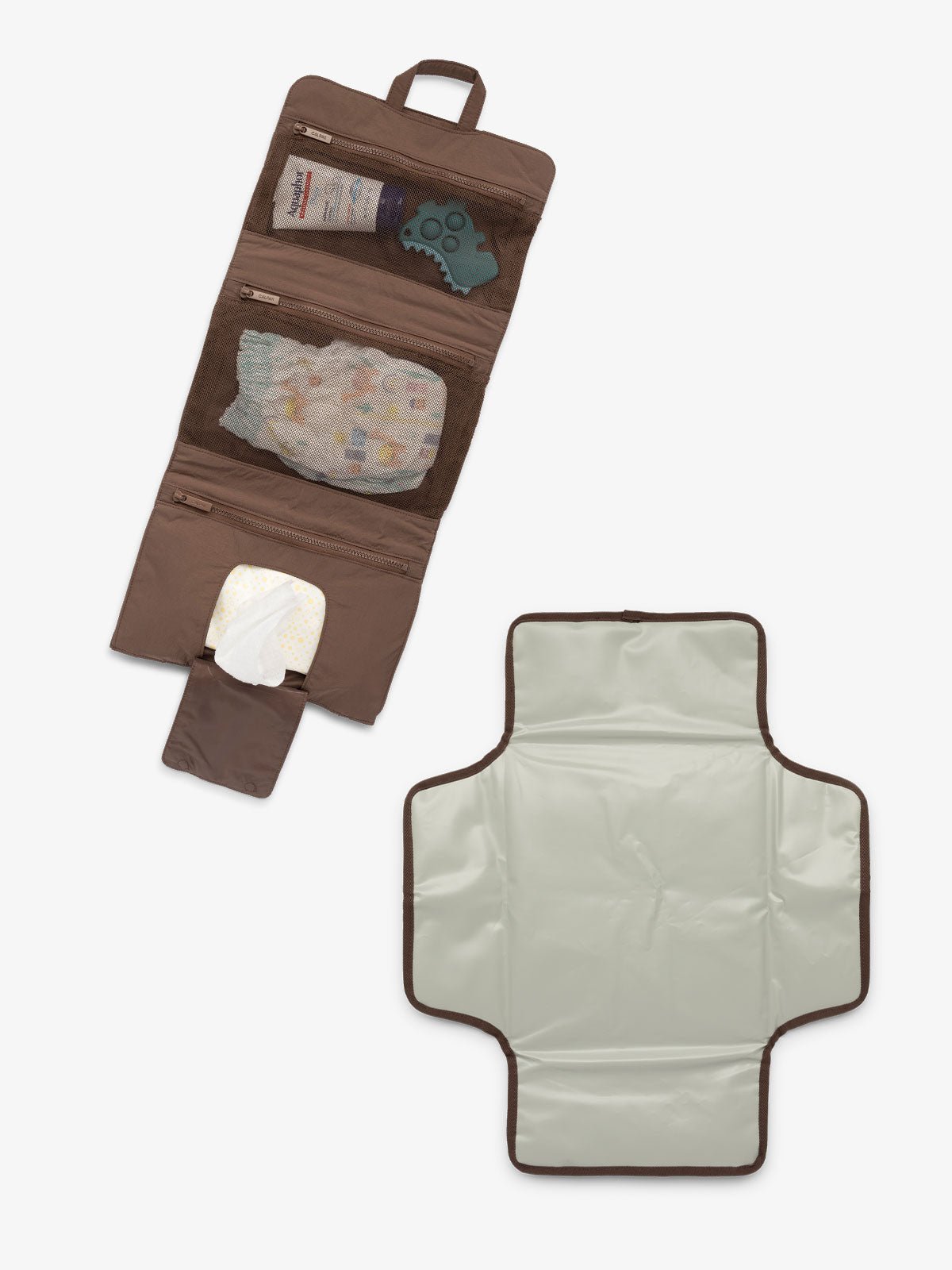 CALPAK portable changing pad includes multiple pockets, collapsing hanging hook, and detachable changing pad in brown