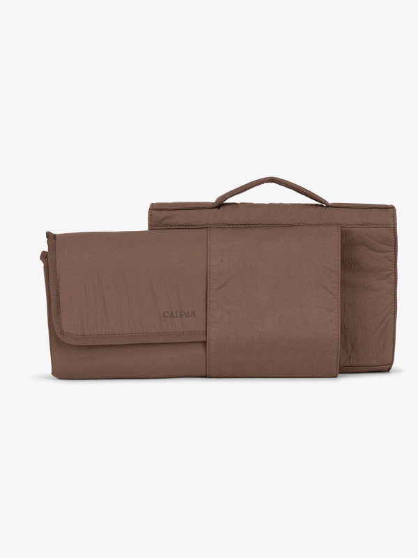 Hazelnut brown Slate gray CALPAK Portable Changing Pad Clutch with detachable changing pad