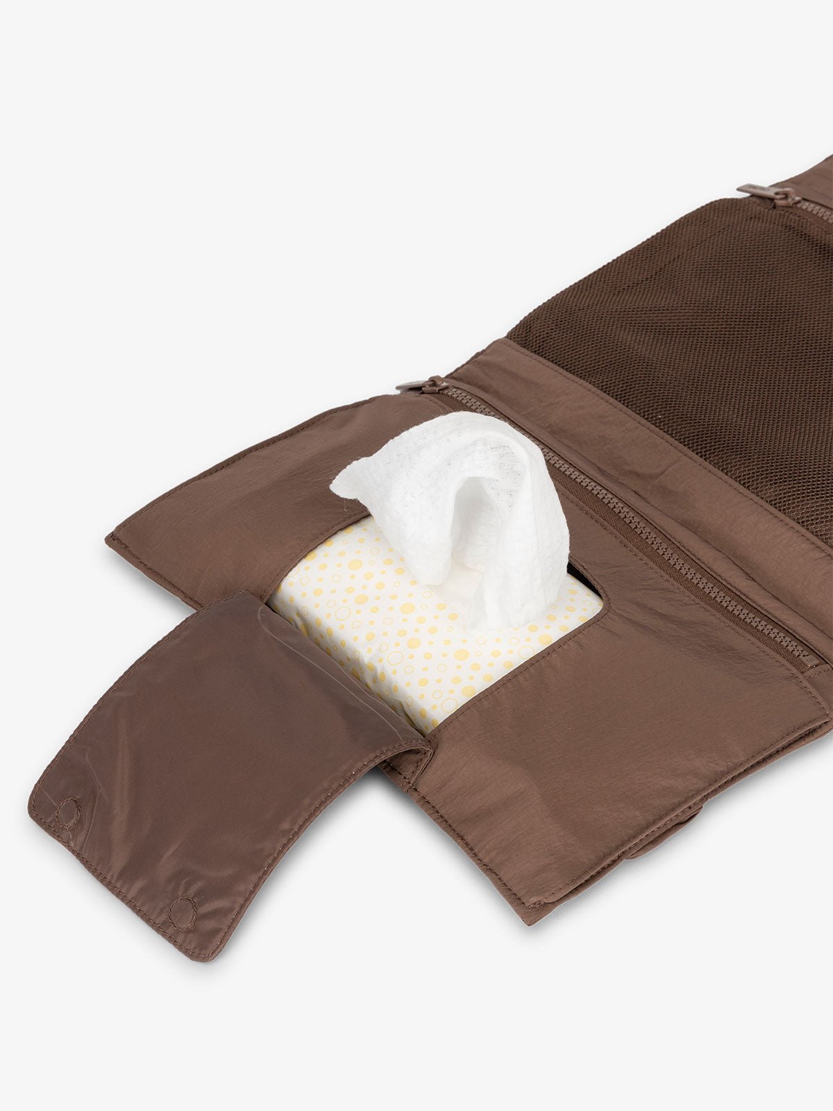 CALPAK portable changing pad clutch with dedicated baby wipe pocket in hazelnut brown