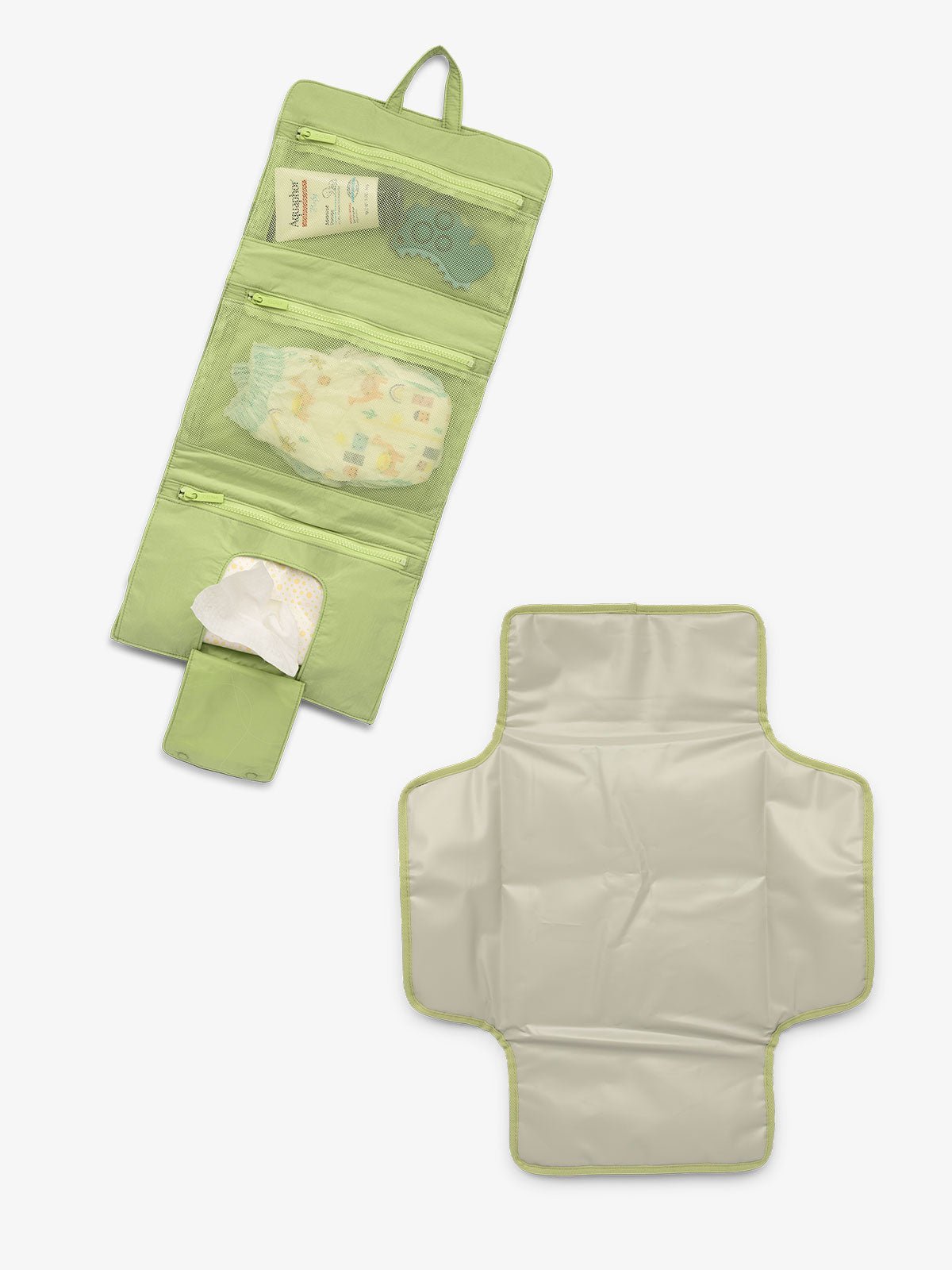 CALPAK portable changing pad includes multiple pockets, collapsing hanging hook, and detachable changing pad in green