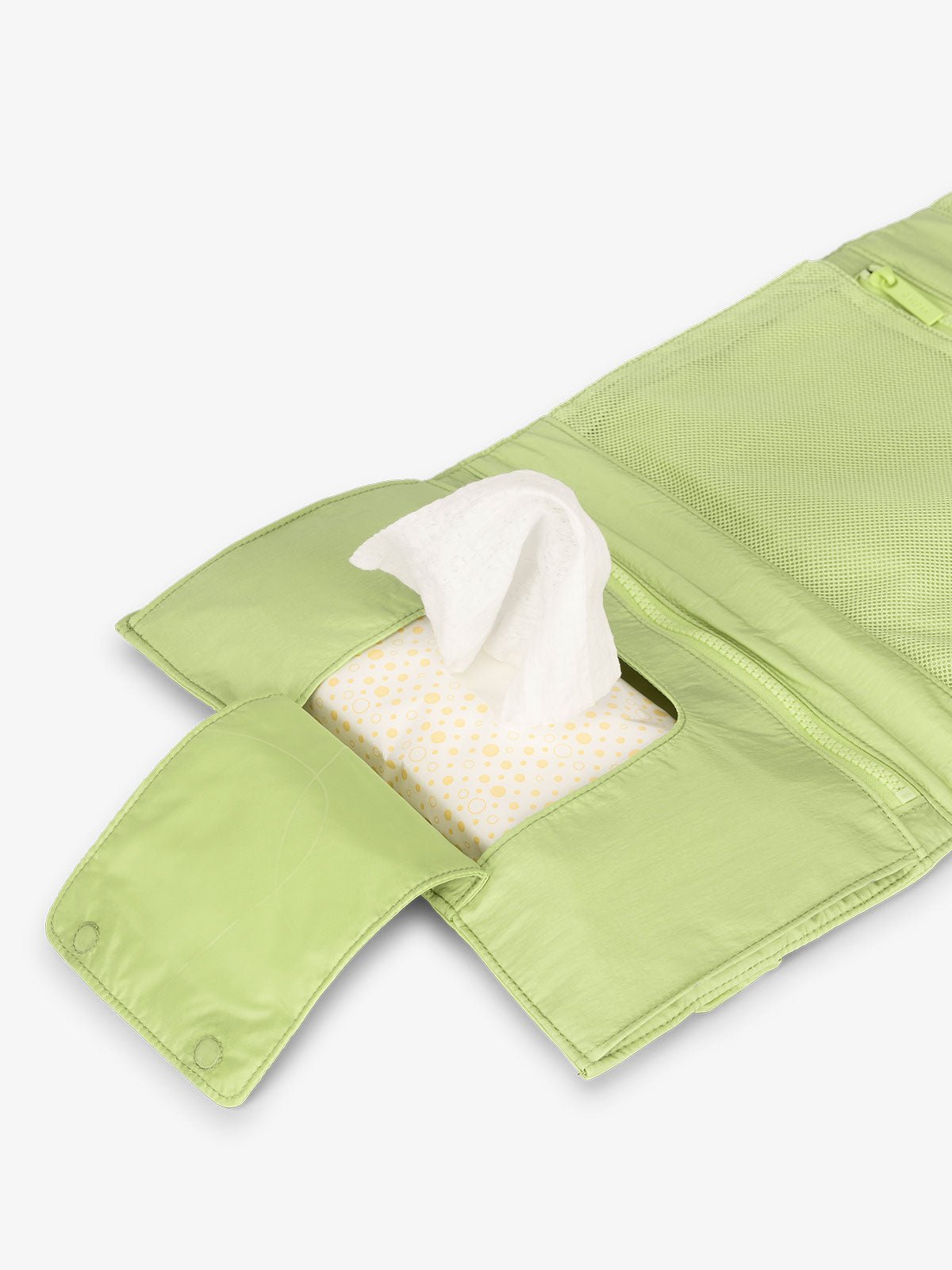 CALPAK portable changing pad clutch with dedicated baby wipe pocket in lime green