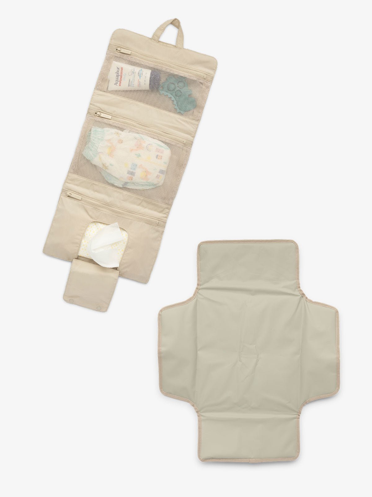 CALPAK portable changing pad includes multiple pockets, collapsing hanging hook, and detachable changing pad in beige