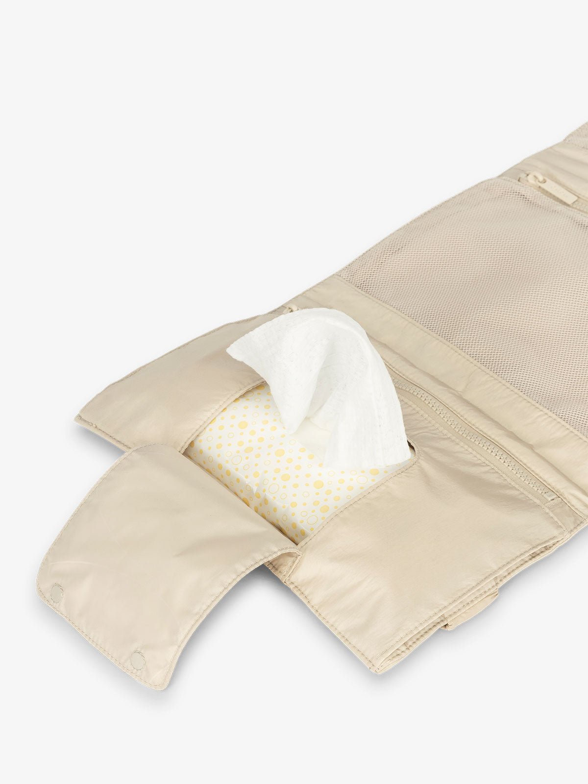 CALPAK portable changing pad clutch with dedicated baby wipe pocket in beige oatmeal