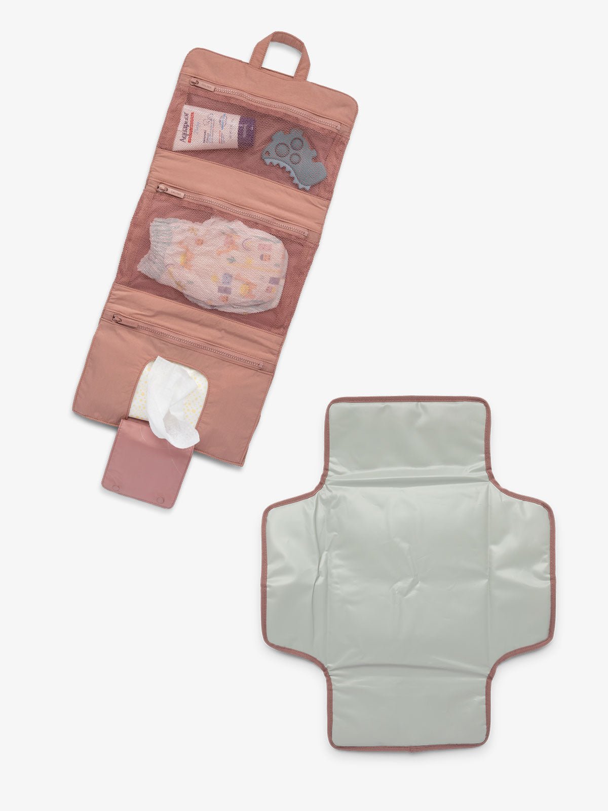 CALPAK portable changing pad includes multiple pockets, collapsing hanging hook, and detachable changing pad in pink