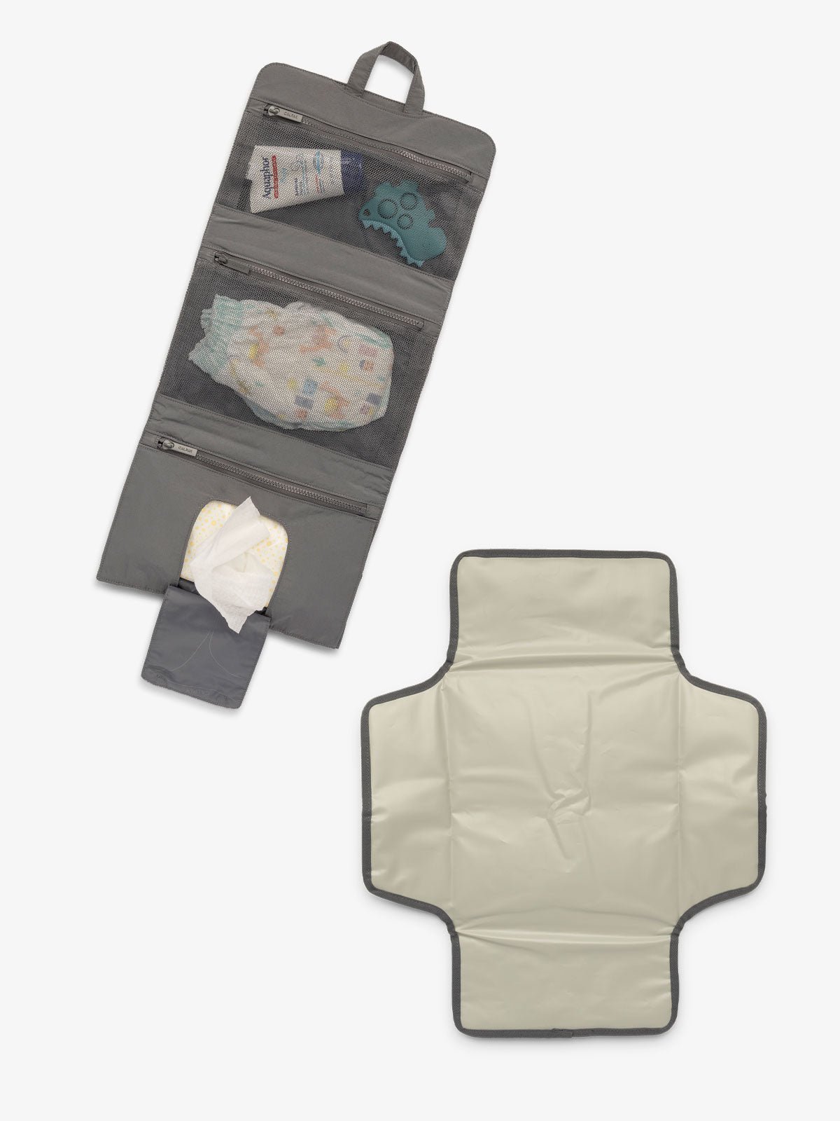 CALPAK portable changing pad includes multiple pockets, collapsing hanging hook, and detachable changing pad in gray
