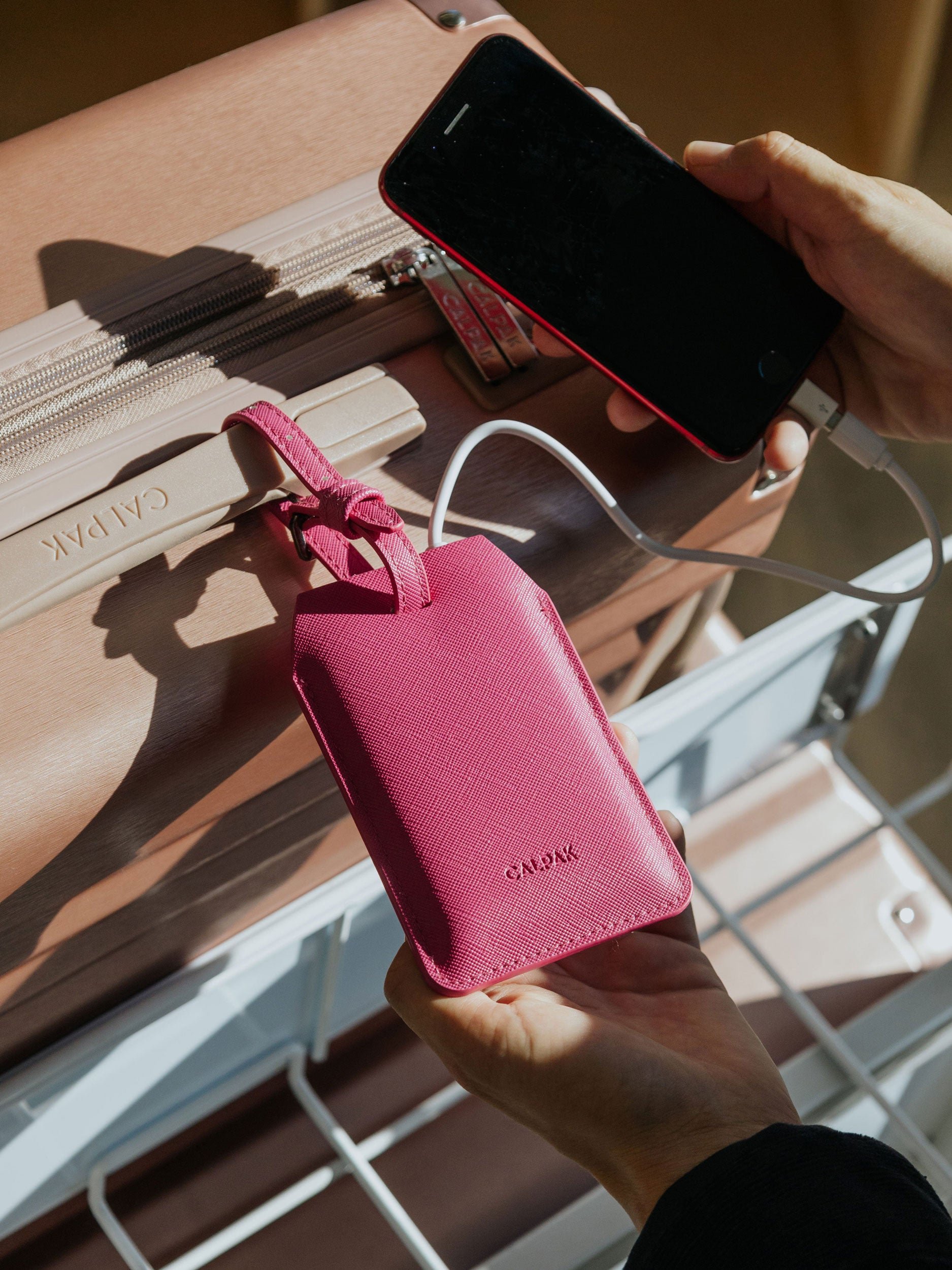 portable power luggage tag for mobile phone hanging on luggage; ATA2001-DRAGONFRUIT