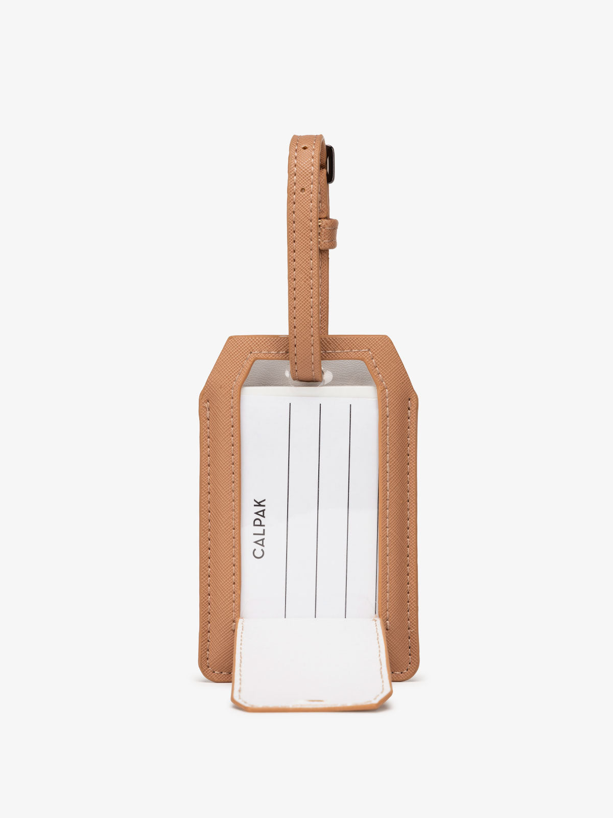 CALPAK Luggage Tag + Charger with removable label for personal info in caramel brown; APT2401-CARAMEL